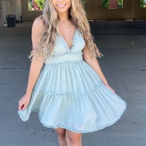 She + Sky Boutique Brand Mint Blue Green Tiered Ruffle Sun Dress Preppy Size M
